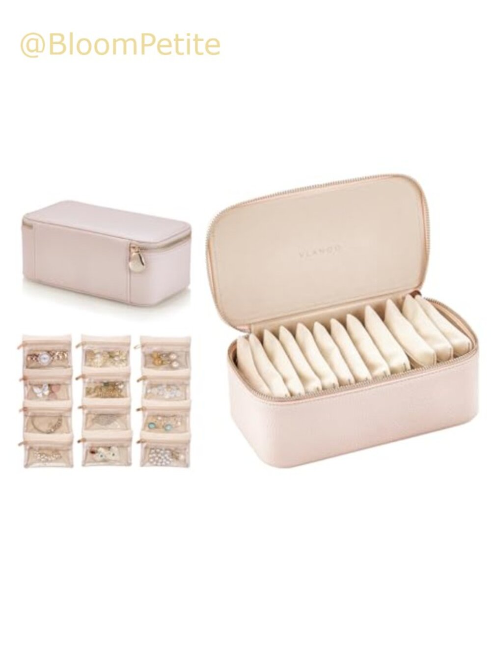 PU Leather Travel Jewelry Box Organizer 12 Zippered Pouches Compact